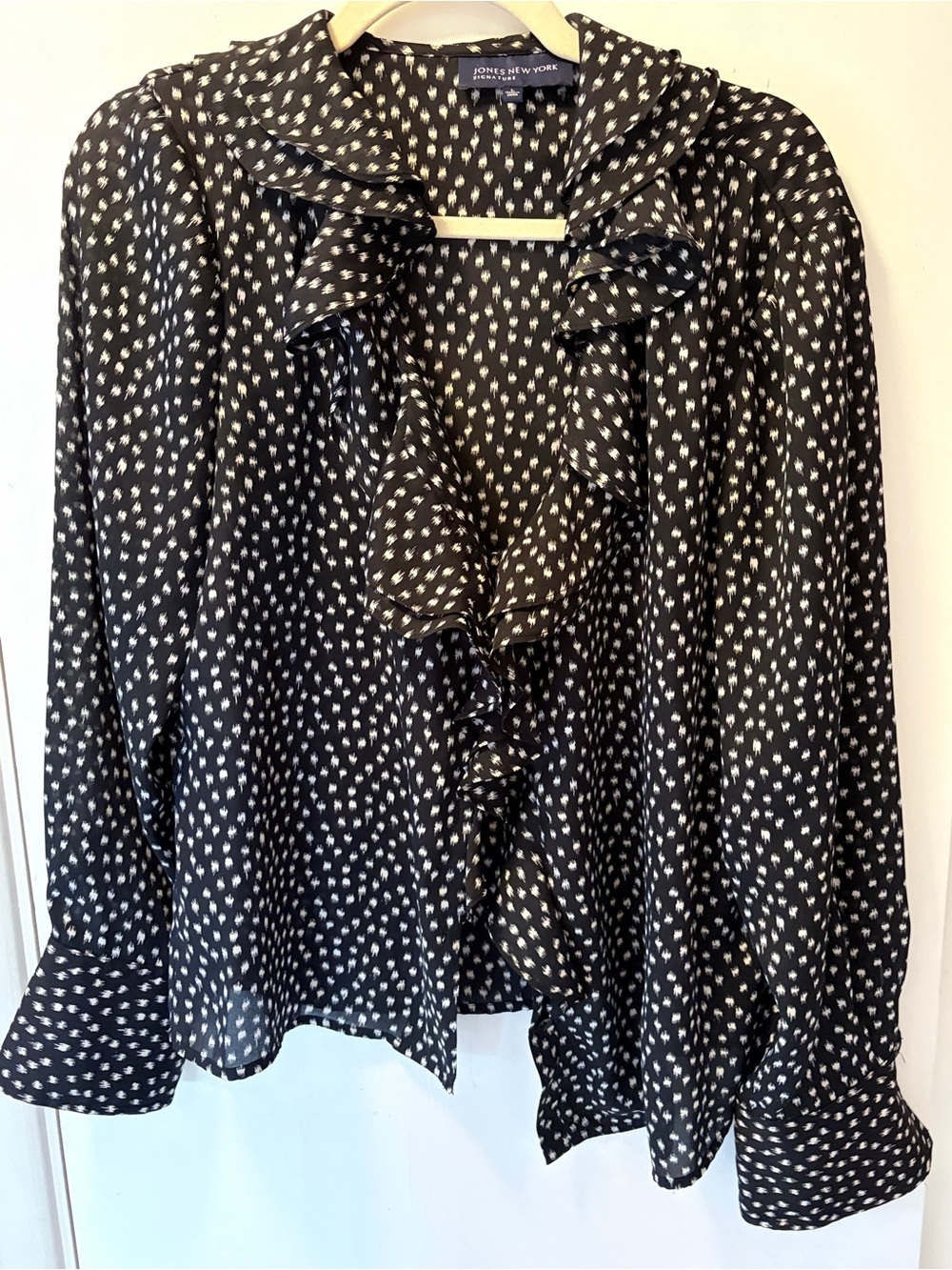 Jones New York Black Polka Dot Ruffle-Front Blouse